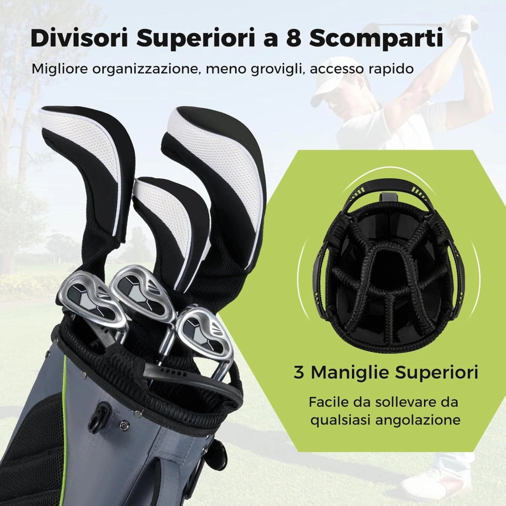 Borsa da Golf con Divisori Superiori a 8 Vie & 5 Tasche con Cerniera, Tracolla Regolabile a Doppia Spalla, Cappuccio Antipioggia e Portombrelli, Sacca da Golf per Donna e Uomo