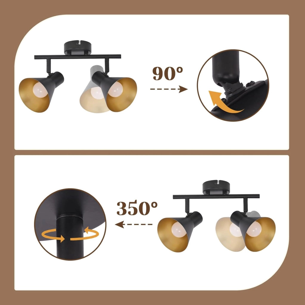 ZMH Faretto da soffitto neri 2 plafoniere 2 lampadine E14 metallo industriale retrò ruotabili 350° per uffici ingressi