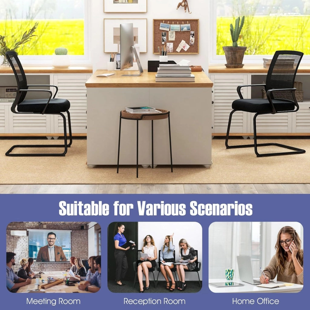 Sedia Ufficio Ergonomica con Supporto Lombare,Schienale Rete Mesh Traspirante + Braccioli Regolabili,Struttura a Slitta, Per Sale Riunioni, Reception e Attesa, Design Moderno in Nero