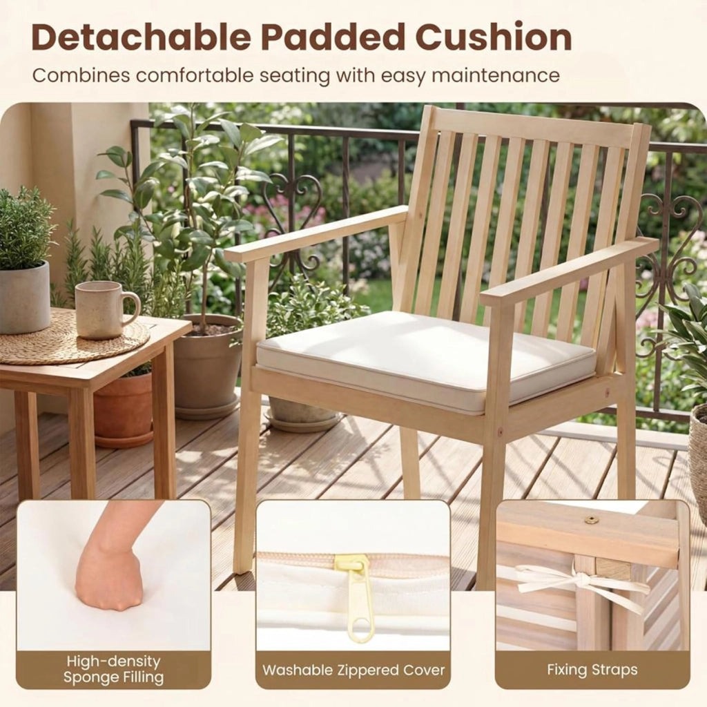 Set di 2 Sedie da Giardino Ergonomiche con Cuscino Rimovibile, Sedie da Pranzo con Braccioli, Poltrona in Legno di Acacia da Terrazza, Balcone, Cortile, Portata 180kg (Naturale)
