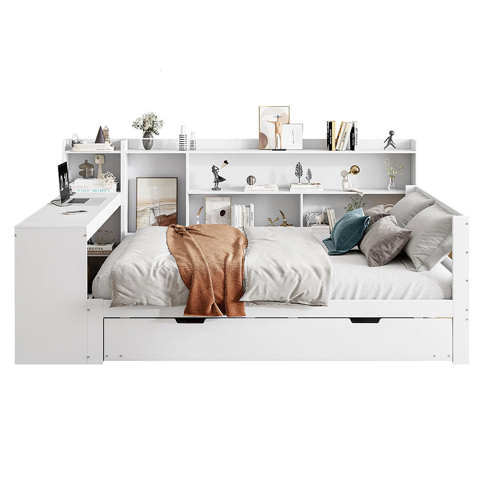 Divano letto-Xylo-140x200 cm-scrivania, scaffali, prese, legno bianco