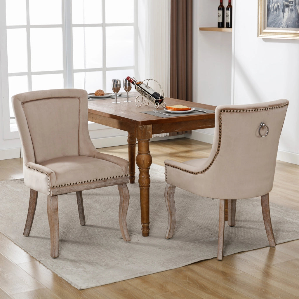 Sedie da Pranzo Imbottite in Velluto con Gambe in Legno Massello ¨C MINIMAL ¨C Beige, Set 2 Pezzi