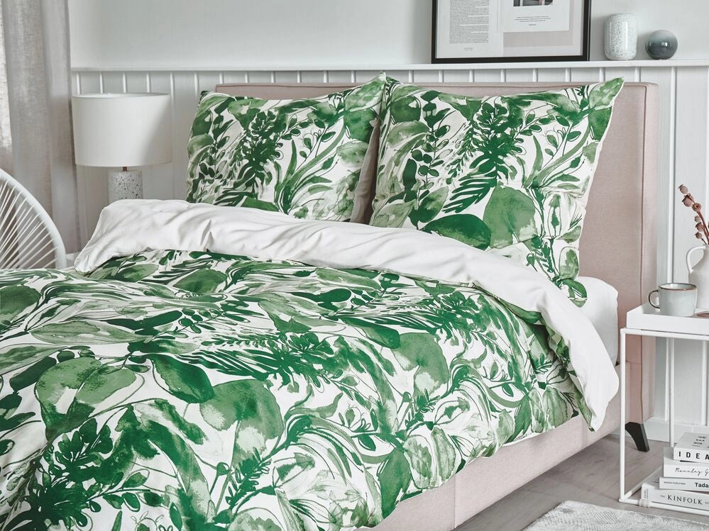 Set copripiumino e federa in misto cotone verde e bianco 155 x 220 cm con stampa a foglie moderna Boho camera da letto