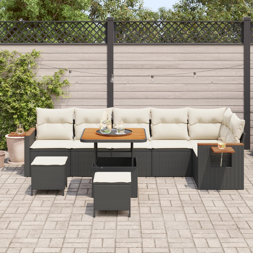 Set Divani Giardino 9 Pezzi con Cuscini Rattan Nero Acacia