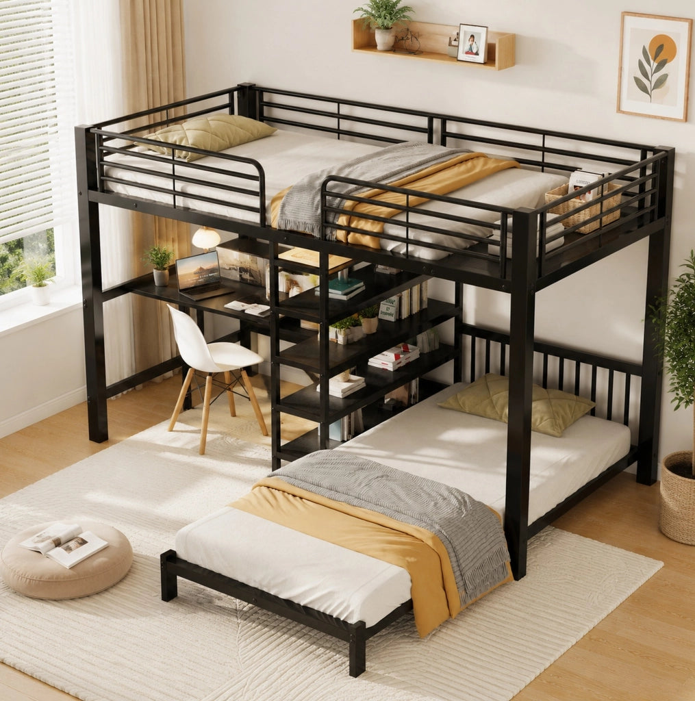 Letto a castello con scrivania; ripiani e prese USB/Type-C 90x200 cm; nero