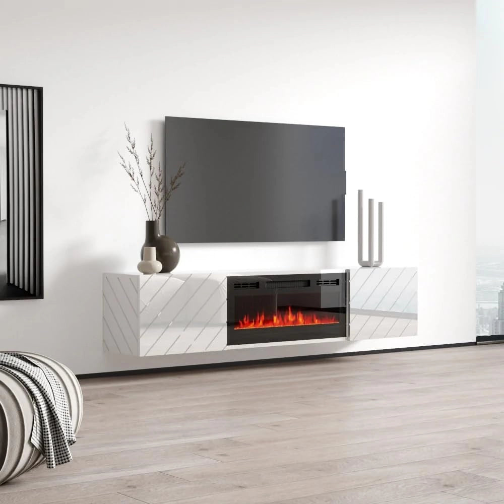 Mobile porta tv Roxy con camino elettrico nero cm183x35x38h bianco lucido
