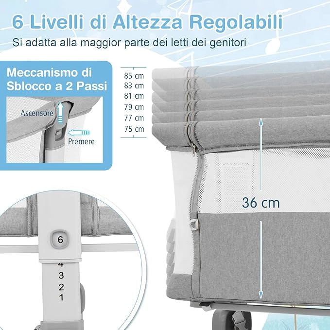 Culla da Affiancare per Neonati, Culla per Bambini con Altezza Regolabile a 6 Livelli, con Mensola Portaoggetti, Materasso e Borsa da Trasporto, per Bambini 0-6 Mesi (Grigio Chiaro)