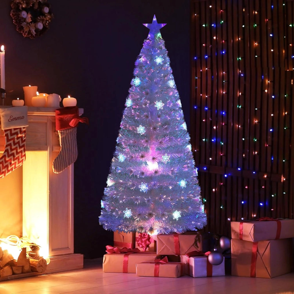 Albero di Natale Pre-illuminato in Fibra Ottica da 120/150/180cm, Albero di Natale Bianco con Foglie Iridescenti, Luci a LED a Fiocco di Neve Multicolore, Luce Superiore a Stella (180 CM)