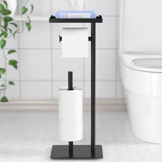 Supporto per carta igienica con cassetta di stoccaggio per 4 rotoli - Modello verticale in colore nero con spazio di stoccaggio