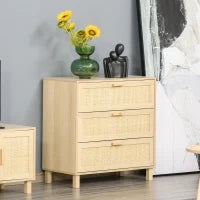 Cassettiera a 3 Cassetti in Legno e Rattan Stile Boho Chic, 80x40x80cm