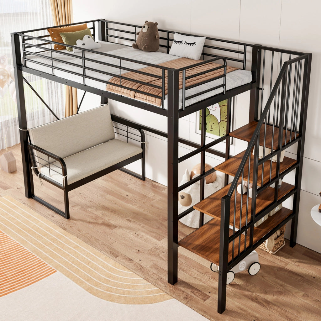 Letto a castello ULEVR 90x200 cm con scala contenitore e divano imbottito removibile, nero