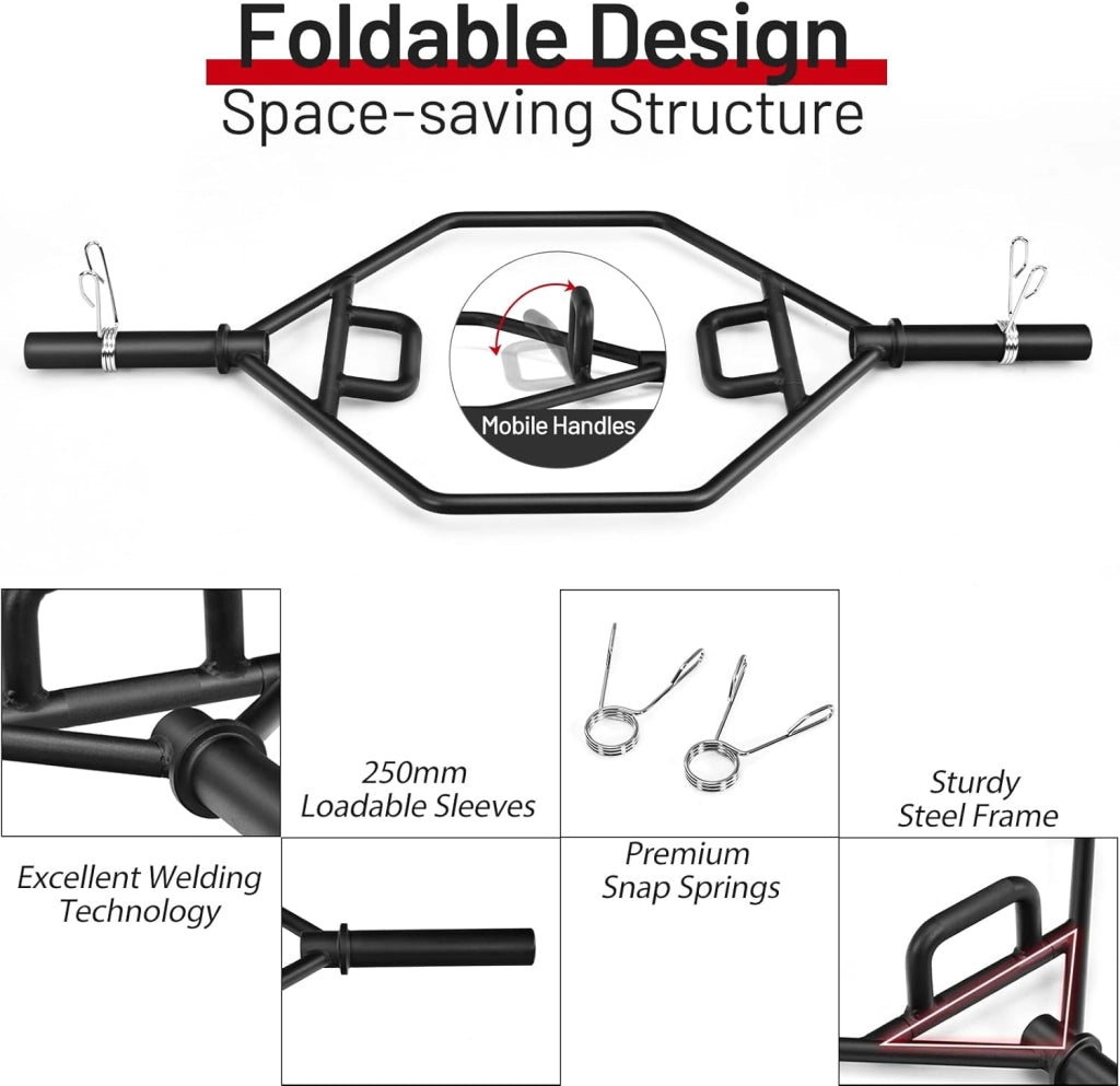 Trap Bar, Manubrio Esagonale con Manico Pieghevole, Barbell Barra Olimpica, Hex Bar Deadlift in Acciaio con Chiusura a Molla, fino a 363 kg per Casa e Palestra, Ø 50 mm