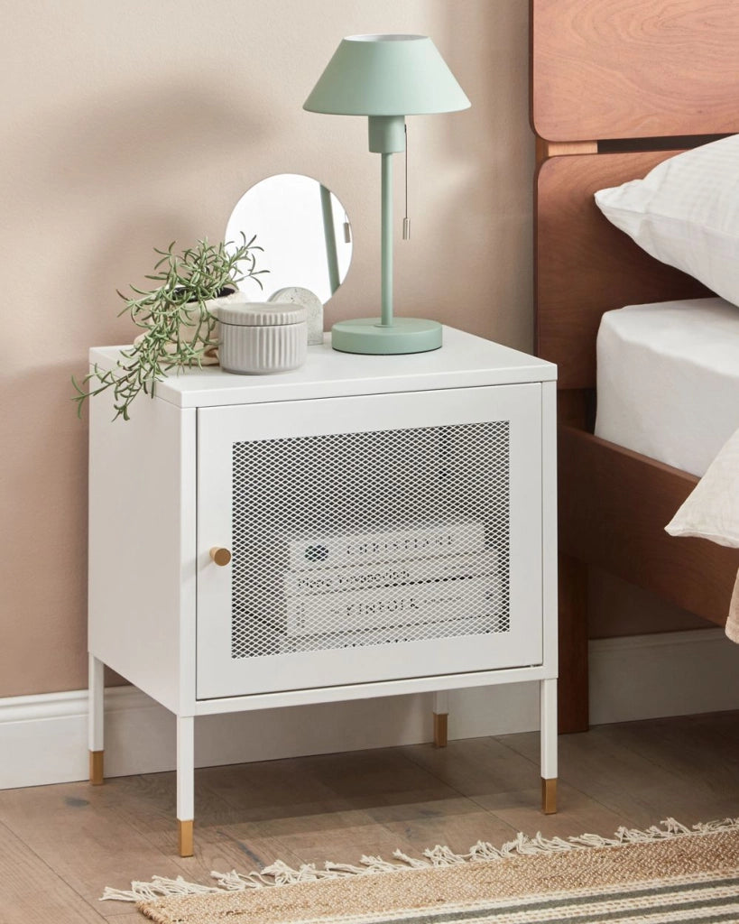 Comodino metallo bianco 45 x 35 cm ante a rete camera da letto moderna industriale