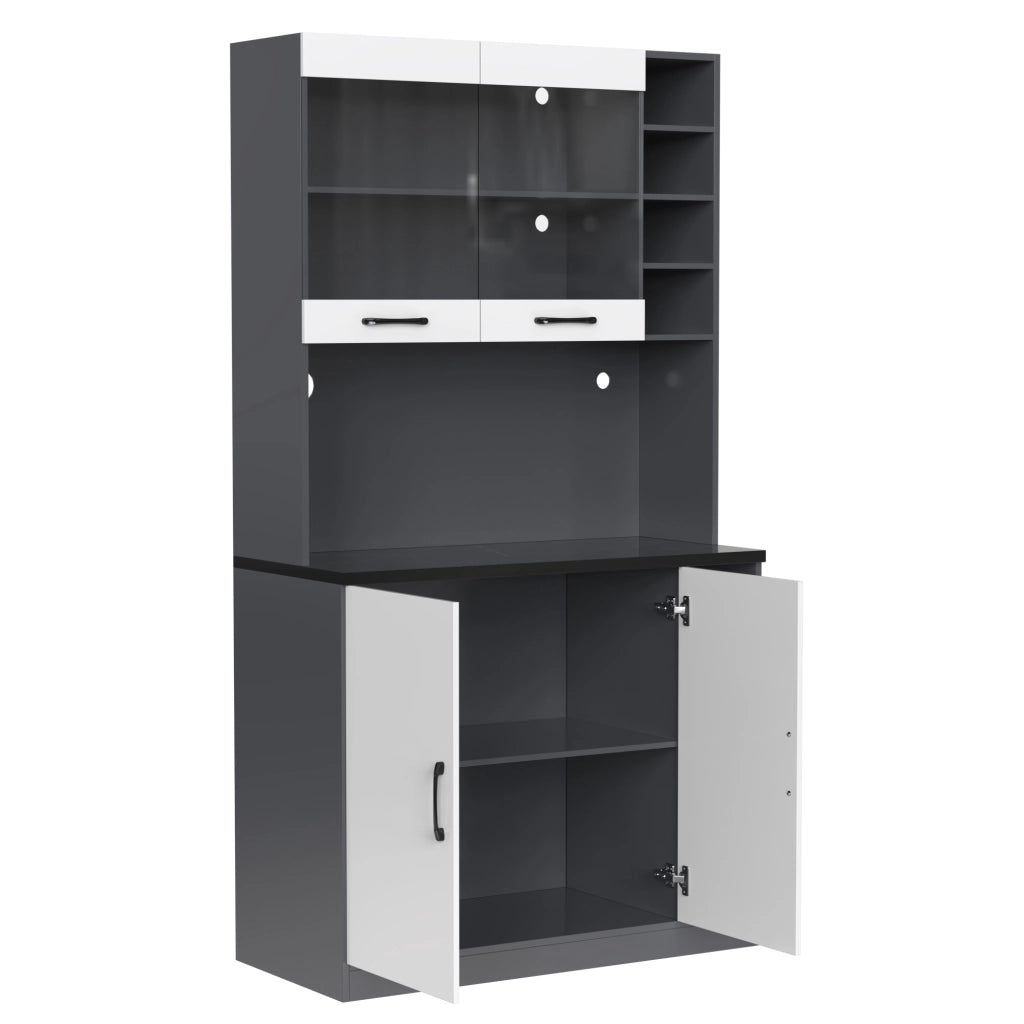 Credenza cucina moderna 100x47x187 cm con LED, ripiani regolabili e vano per microonde, bianco/grigio