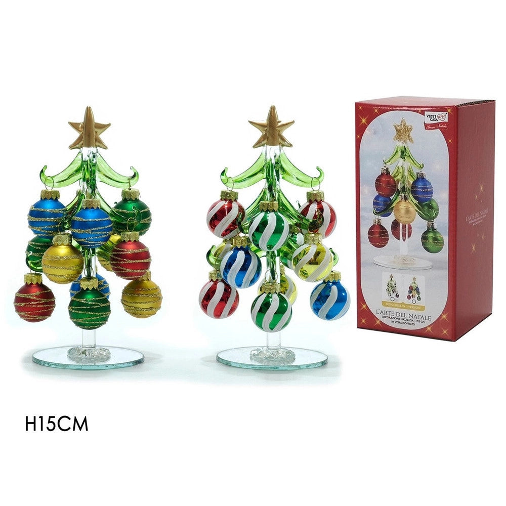 Trade Shop - Decorazione Natalizia Albero Di Natale 15cm In Vetro Con Palline Per Addobbi Casa Vetrine -
