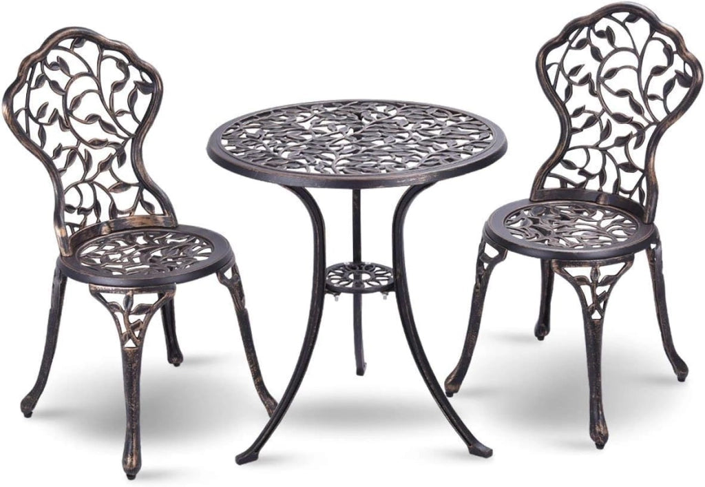 Tavolo da Giardino con Sedie in Fusione di Alluminio, Mobili da Esterno con 1 Tavolino Rotondo e 2 Sedie, Ideale per Balcone, Piscina, Cortile e Giardino
