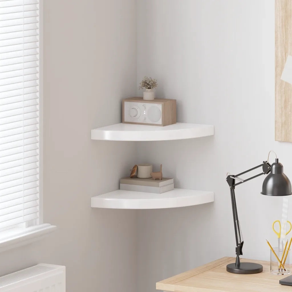 2 pz Scaffali Angolari a Parete | Mensola sospesa Bianco Lucido 35x35x3,8 cm MDF