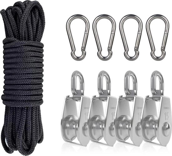 Ruote in acciaio inossidabile, blocco cavo con rullo da 15 mm, 4 dischi di cinghia, rullo, tamburo per funi, cavo in acciaio