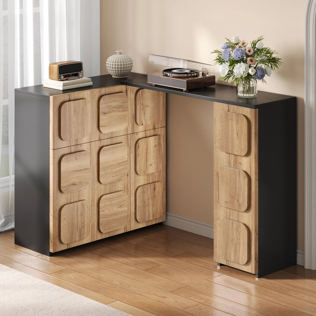 Credenza modulare con cassetti e vani; Push-to-Open per soggiorno in legno naturale