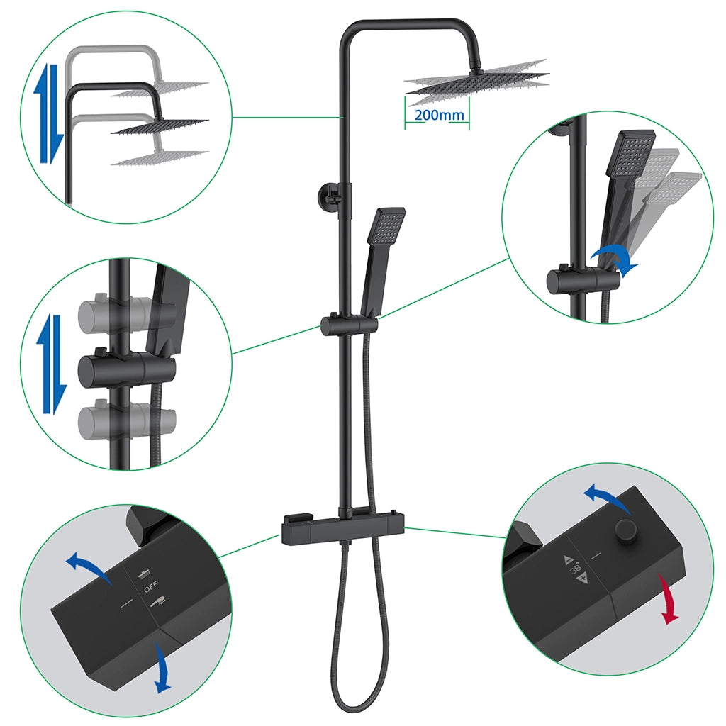 AICA ITALY Sistema Doccia con Miscelatore Termostatico a 38℃ e Soffione Tondo Altezza Regolabile 735-117cm Nero