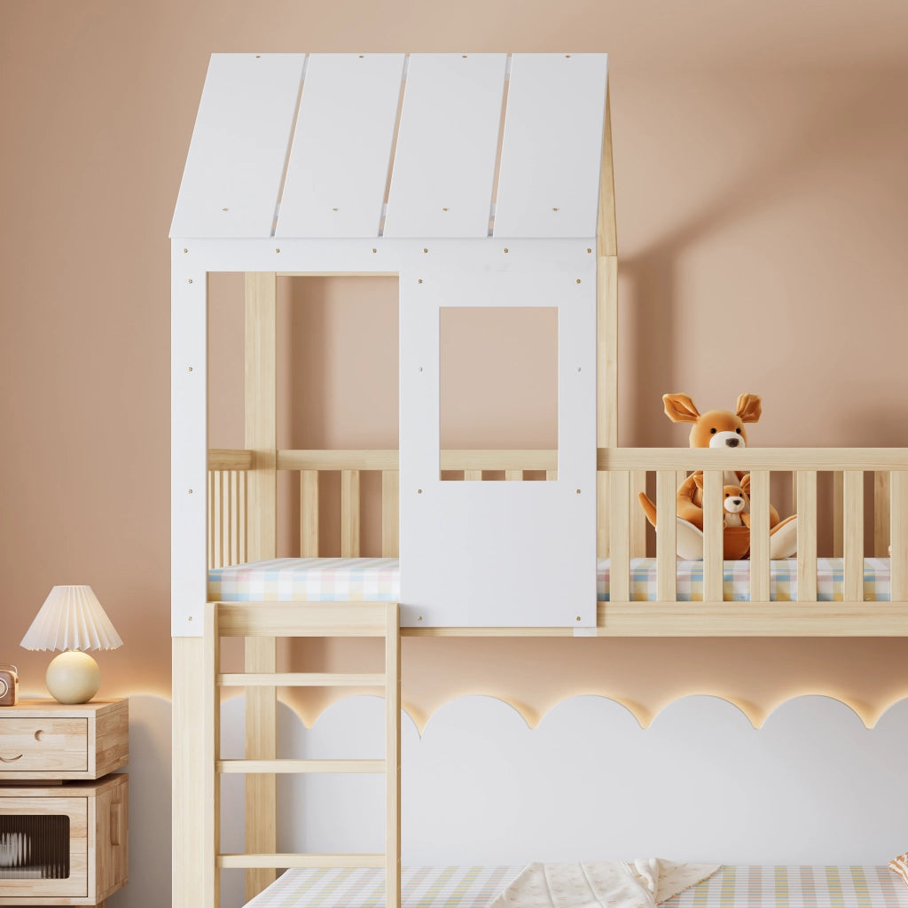 Letto a Castello 90x200 cm; 2 Posti - Rampa; Scala; Tetto e Finestra - in Legno - Naturale