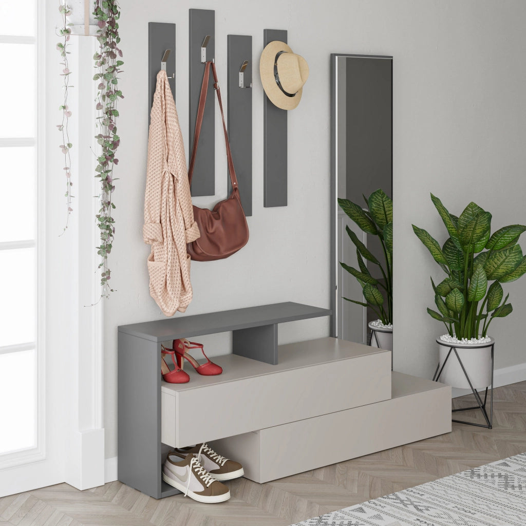 Mobile da ingresso "Ramda" con specchio in legno - 137 x 35 x 154 cm - Grigio antracite