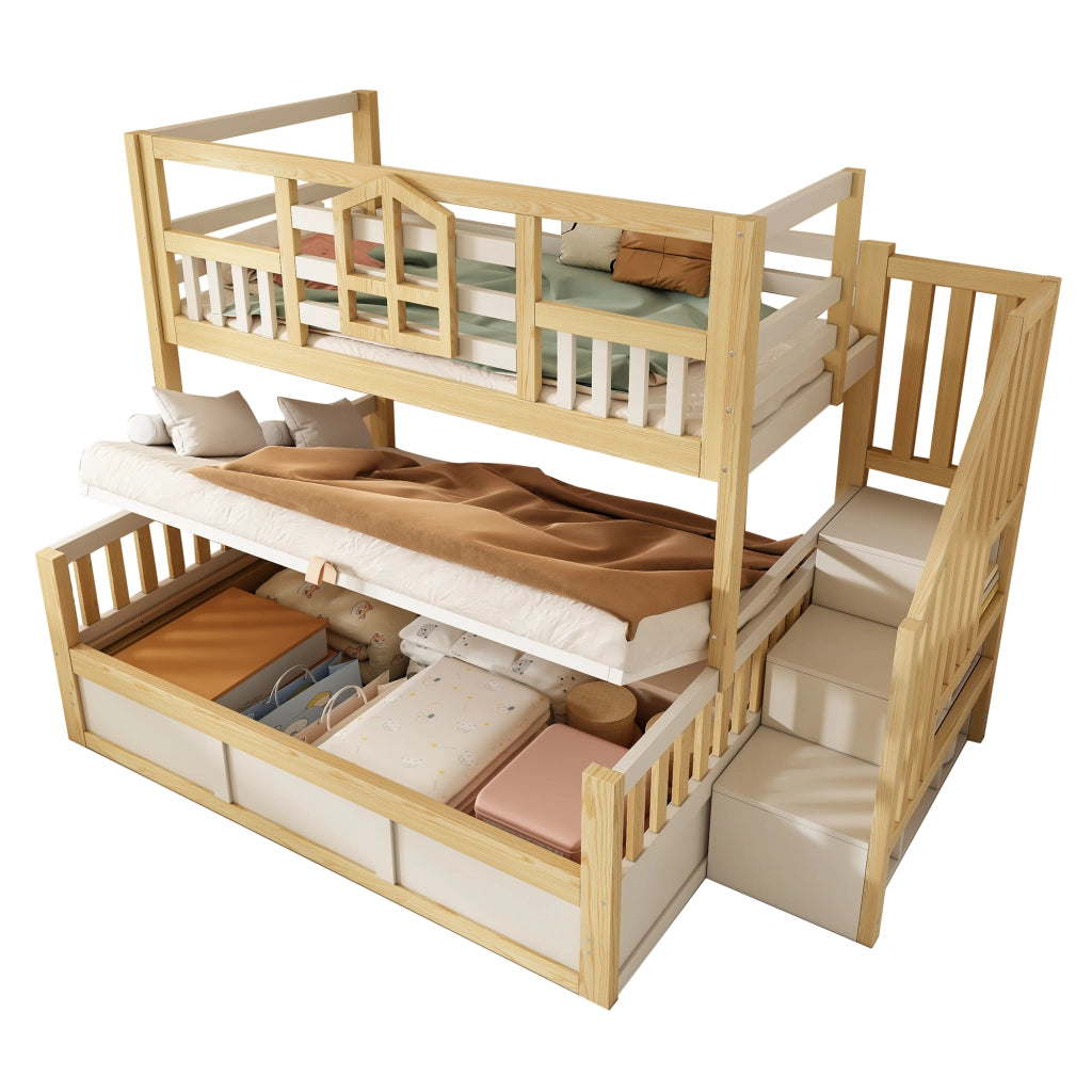 Letto a Castello per Bambini 90+140x200 ¨C MINIMAL ¨C Bianco/Legno Naturale, Idraulico, Contenitore, Doghe, Rete