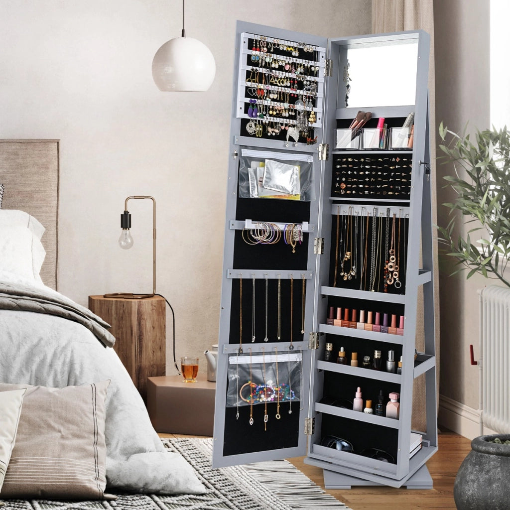 Armadio portagioielli girevole a 360¡ã con specchio, Organizer gioielli 2 in 1 a figura intera Grigio chiaro-Armadietti per gioielli