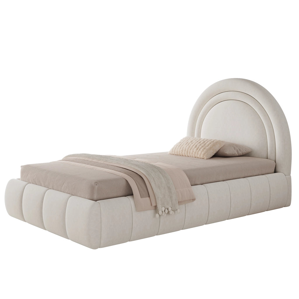 Letto imbottito per bambini 90x200 cm con rete a doghe, contenitore salvaspazio, velluto beige