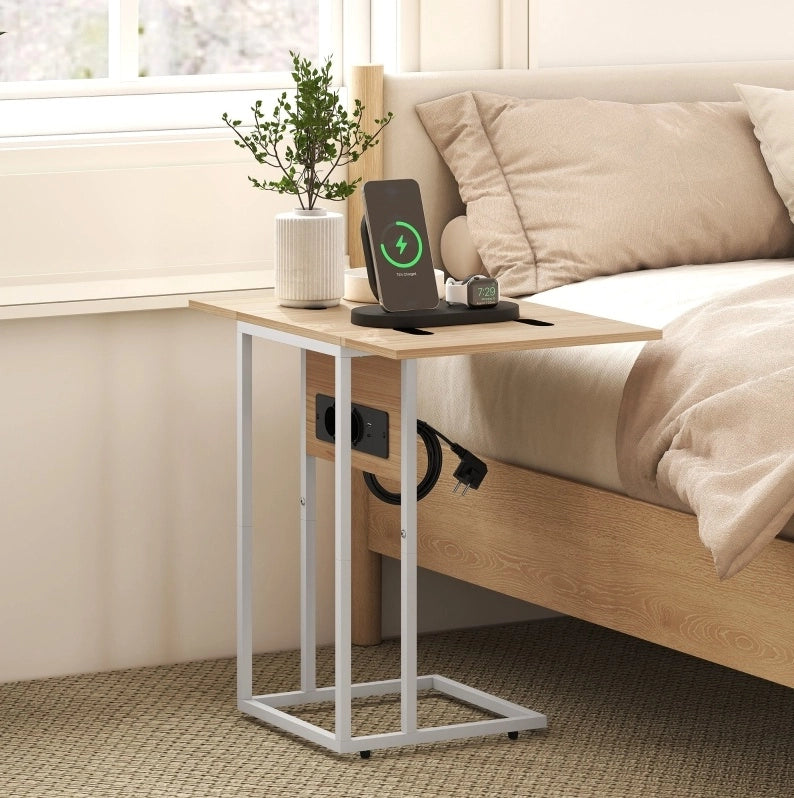 Tavolino a C pieghevole con ricarica USB, bianco e legno