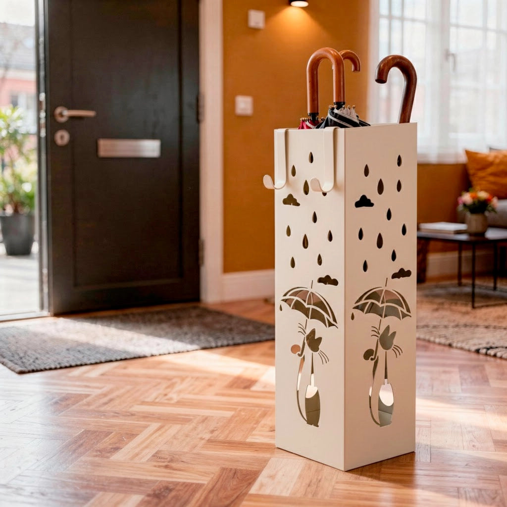 Portaombrelli In Metallo Con Decorazione Gatto Design Quadrato Base Antiscivolo Vaschetta Scolapioggia Removibile 2 Ganci Laterali Per Casa E Ufficio 49 X 15.5 X 15.5 Cm Bianco