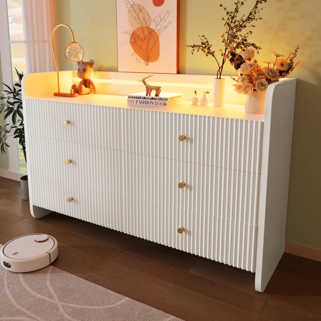 Credenza moderna con LED e 6 cassetti, design ondulato a scanalature, vano aperto, bianco 120 × 40 × 75 cm