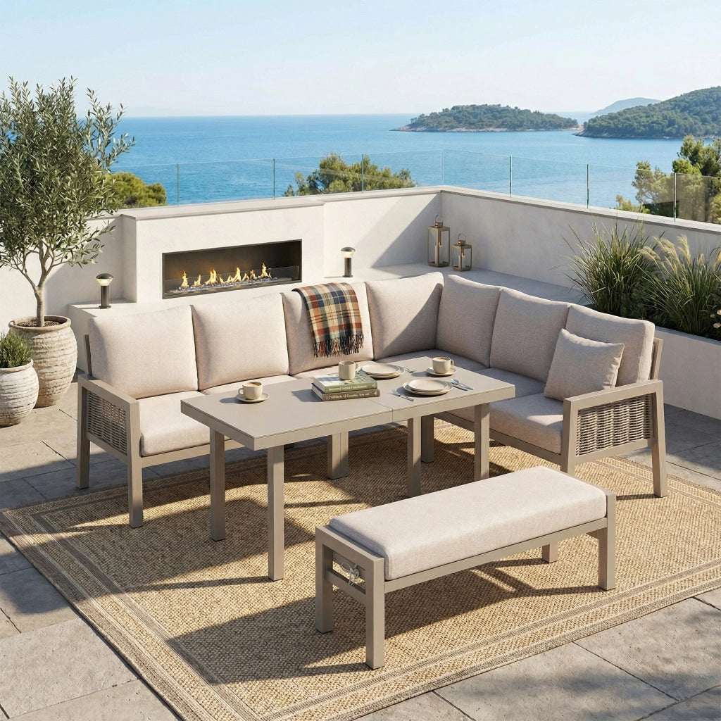 Set da Giardino 8 Posti con Tavolo e Divano ¨C MINIMAL ¨C Polyrattan PE, Piano in Vetro, Khaki