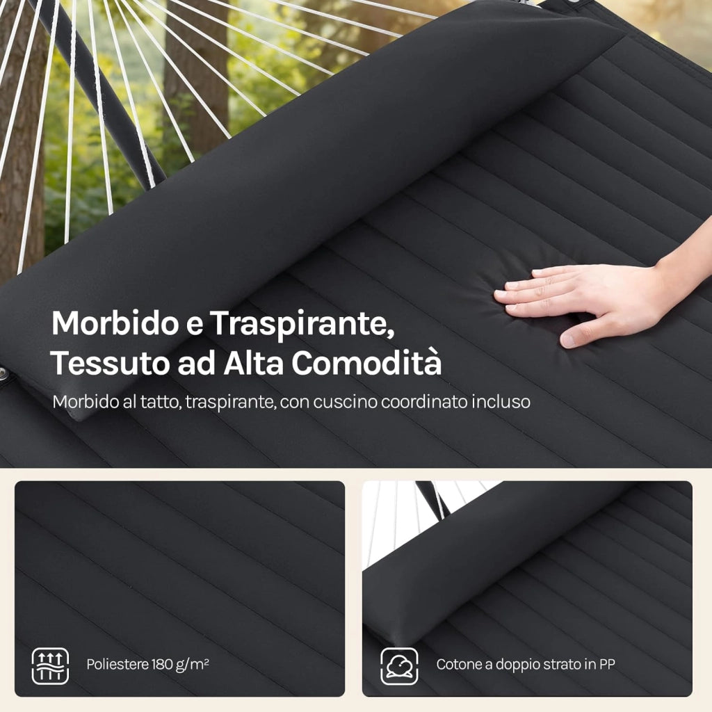 Amaca da Giardino con Supporto, Tasca Laterale e Cuscino, Capacità di Carico 250 kg, Ampia Amaca Doppia per Terrazza, Balcone, Campeggio, Antracite