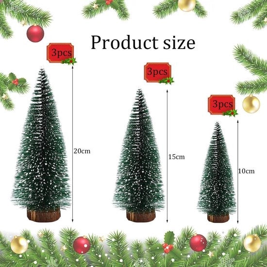 Collezione di mini alberi di Natale - 9 pezzi - Verde con effetto neve - 10/15/20 cm - Piedistallo in legno - Decorazione di Natale DIY