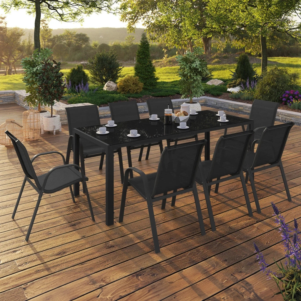 IDMarket - Set di mobili da giardino MADRID tavolo 190 CM e 8 sedie nere impilabili