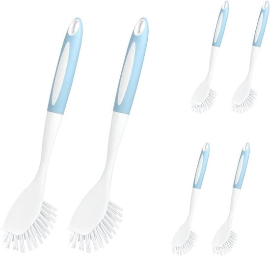 Set di spazzole per la cucina con diffusore per pulire pentole, padelle, lavello e bagno; dotato di un manico lungo comodo; set da 6 (blu).