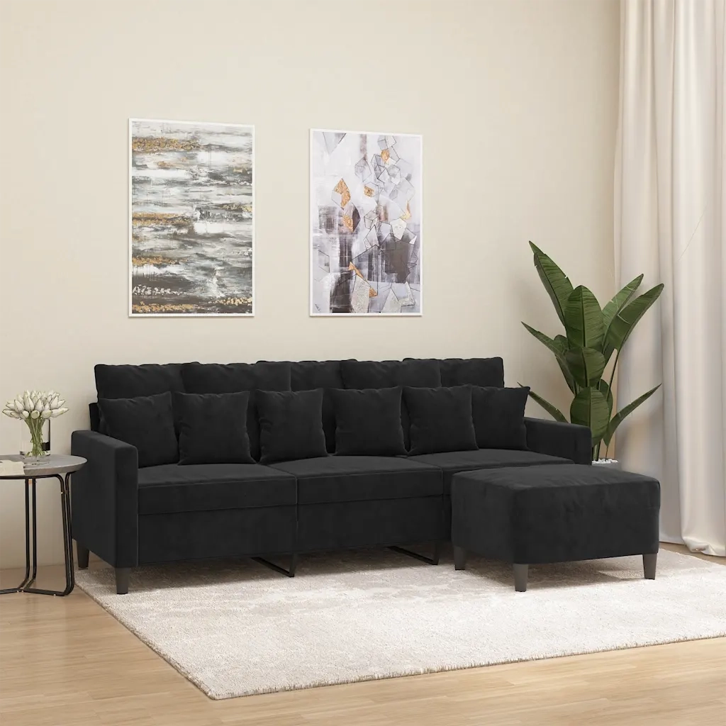 Divano a 3 Posti con Poggiapiedi-Sofa 3 Posti con Poggiapiedi Nero 180 cm in Velluto 365231