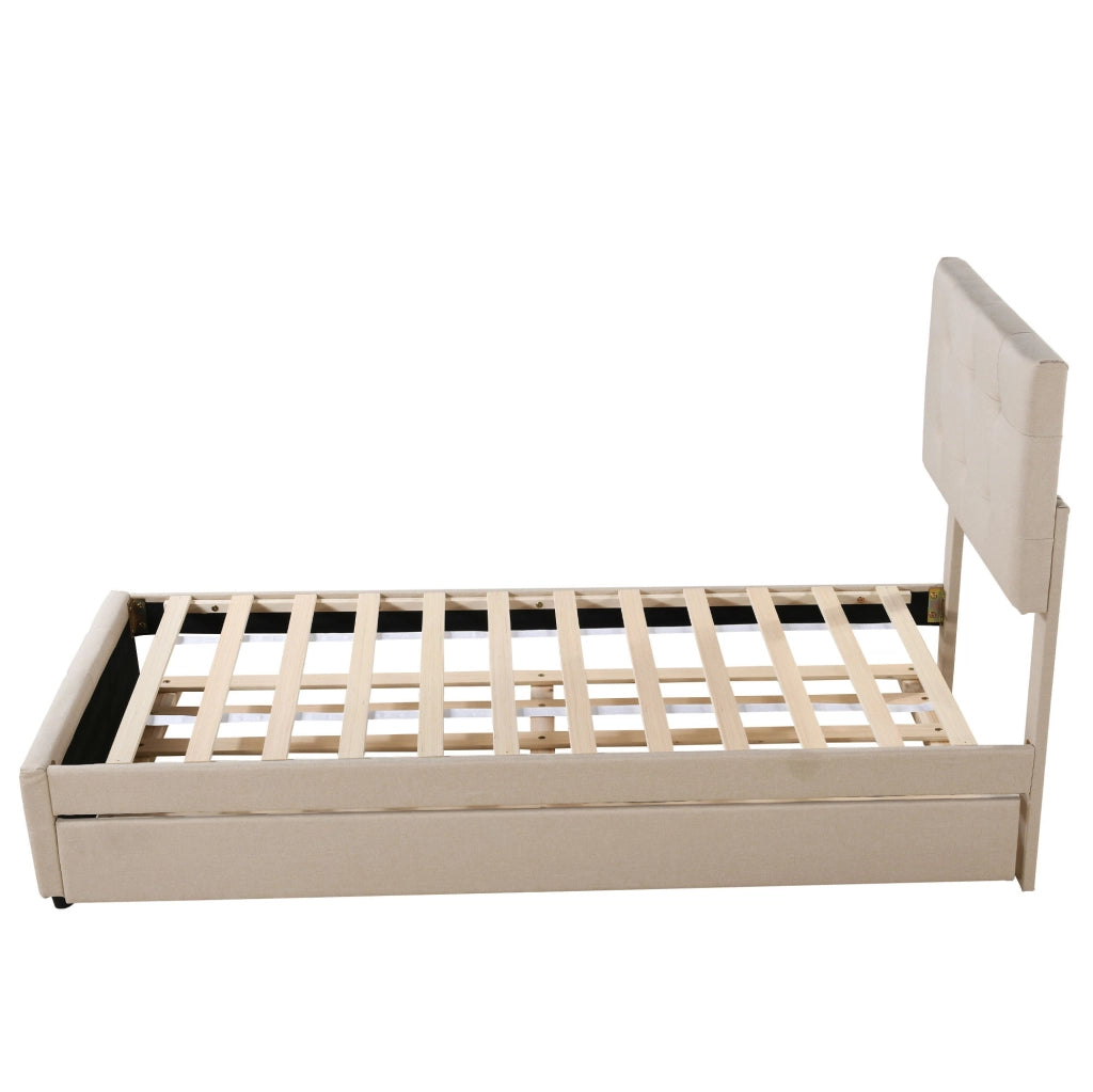 Letto imbottito 90x200 cm con letto estraibile 190x90 cm; testiera regolabile; lino beige