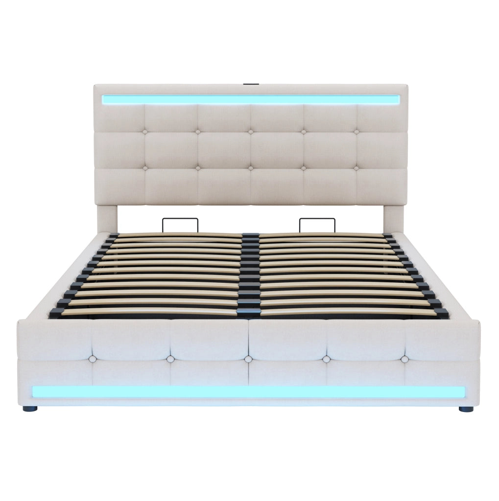 Letto matrimoniale 140x200 cm imbottito con LED, 2 porte USB e contenitore beige