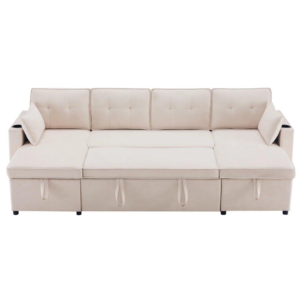 Divano letto a U con contenitori; portabicchieri e 2 cuscini; 270x130x86 cm; beige effetto lino