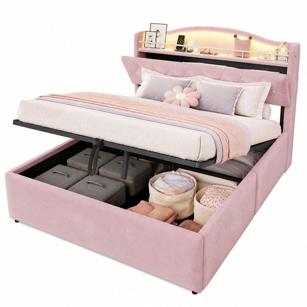 Letto Contenitore 140x200 cm Matrimoniale; con USB; USB-C; LED e vani in Rosa