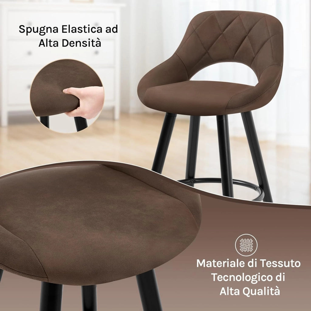 Sgabelli da Cucina Set di 2, Sgabello da Bar per Colazione, Sgabelli Alti con Poggiapiedi e Schienale, Sedile in Tessuto Tecnico+Gambe in Legno, Marrone Scuro, BH291dbr-2
