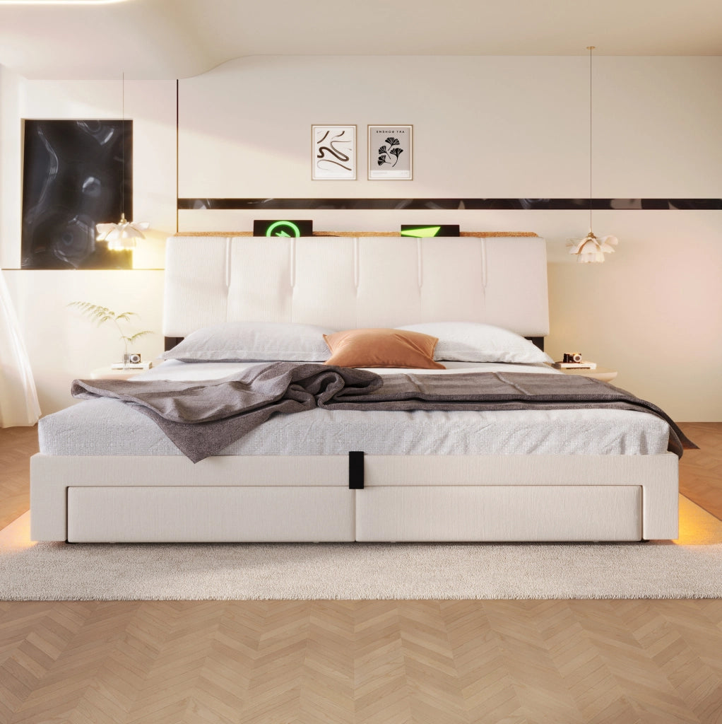 Letto imbottito 180x200 cm con vano contenitore idraulico; USB/Type-C; LED; lino beige