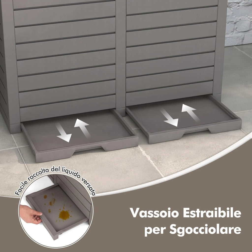 Pattumiera per Rifiuti Esterno e Interno 235 L, Contenitore per Raccolta Differenziata a Doppio Secchio Impermeabile con Coperchio, Vassoio e Maniglia, Bidone per Terrazza e Cucina (Marrone)