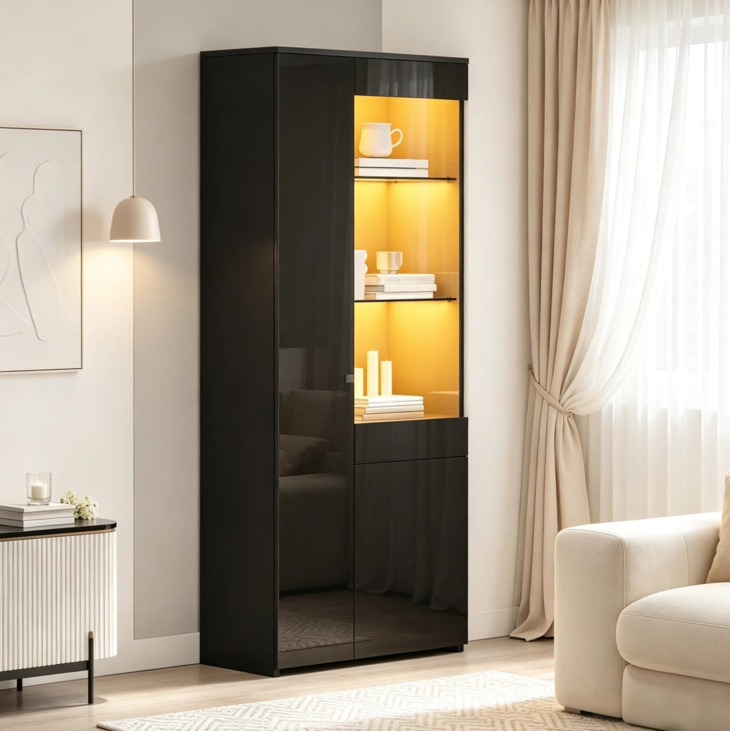 Vetrina alta nera 70x35x180 cm con LED, 2 ante, cassetto e ripiani in vetro
