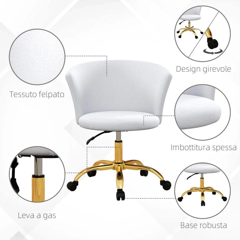 SEDIA DA UFFICIO REGOLABILE IN ALTEZZA CON SEDUTA GIREVOLE E RIVESTIMENTO IN VELLUTO TEDDY, BIANCO E ORO