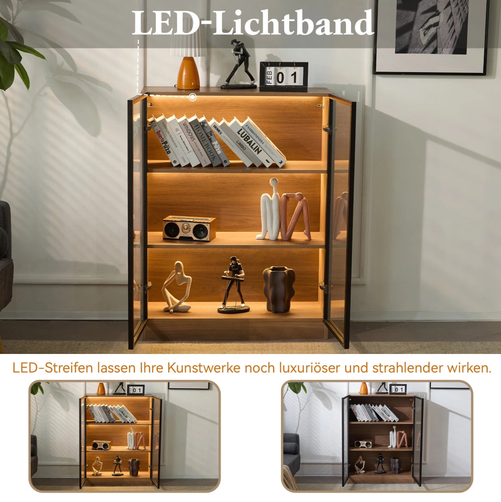 Vetrina in vetro con LED 80x30x106 cm; effetto noce naturale; con ante in alluminio