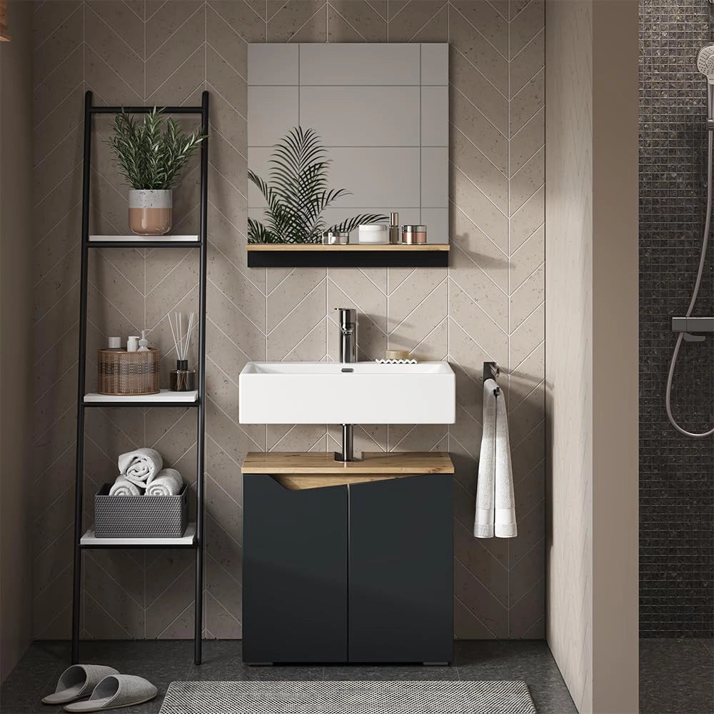 Mobiletto per lavabo Marelle, Antracite/Artisan, 60 x 57.5 cm con 2 porte, con ritaglio per sifone per il montaggio sotto il lavabo
