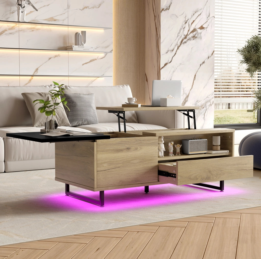 Tavolino da caffè lift-top con LED; vano contenitore e struttura in metallo; naturale